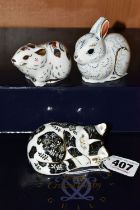 THREE BOXED ROYAL CROWN DERBY COLLECTORS GUILD PAPERWEIGHTS, comprising 'Misty', 'Bunny' and 'Bank