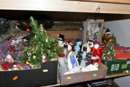 TEN BOXES OF CHRISTMAS DECORATIONS AND CHRISTMAS TREES, to include Premier plush reindeer, soft