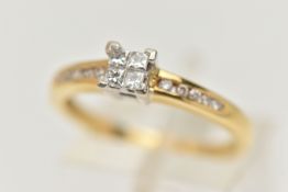 A 18CT GOLD DIAMOND RING, four princess cut diamonds invisible set with four exterior prongs,