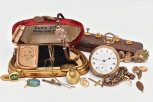 A BAG OF ASSORTED JEWELLERY, to include a gold plated manual wind, open face pocket watch, round