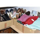 SIX BOXES OF CLOTHING AND ACCESSORIES, to include knitwear, shirts, coats, shoes and bags, brands