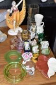 A GROUP OF ASSORTED CERAMICS AND GLASSWARE, including a modern Belleek twin handled vase, height