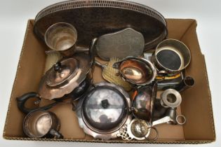 A BOX OF ASSORTED WHITE METAL WARE, to include an oval tray, an EPNS three piece tea set