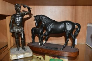 A BESWICK 'BLACK BEAUTY AND FOAL', a Connoisseur model mounted on a wooden plinth, matt glazed,