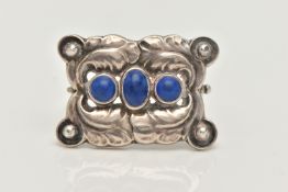 AN EARLY 20TH CENTURY 'GEORG JENSEN' BROOCH, a rectangular form brooch with acanthus detail, set