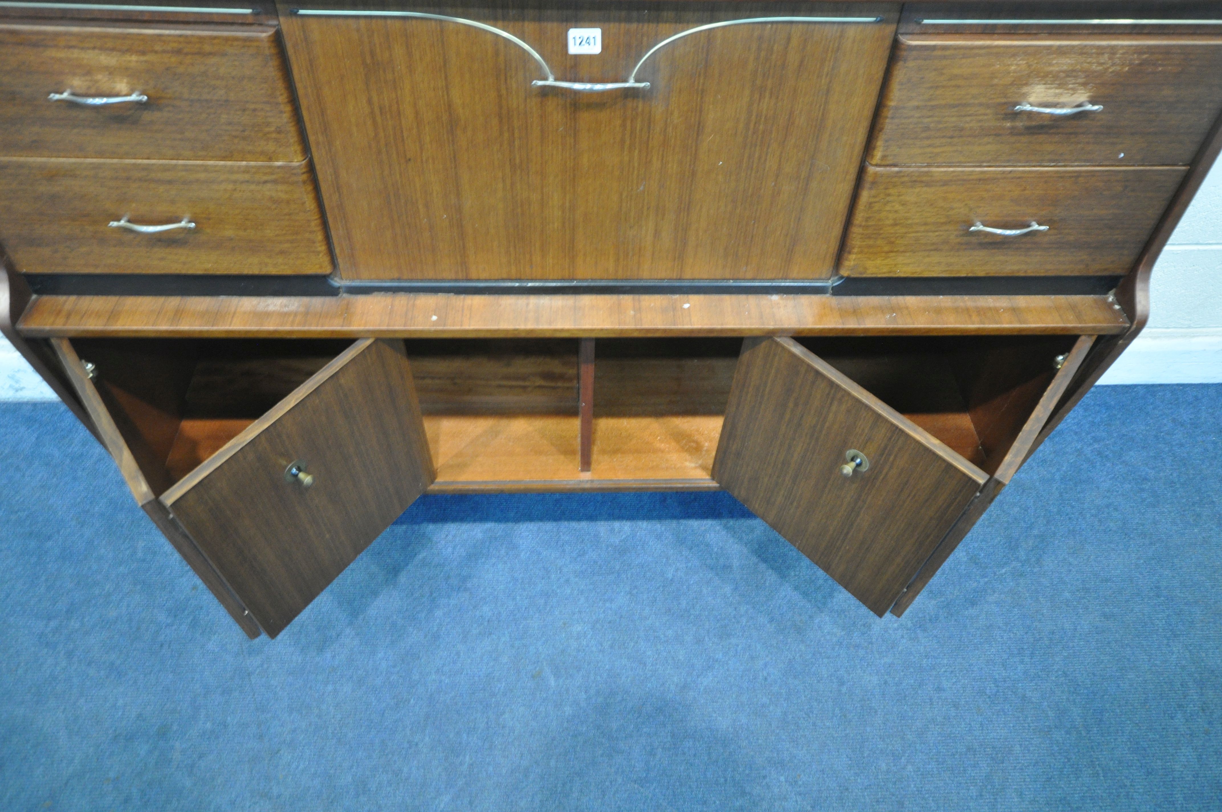 A MID CENTURY BEAUTILITY TOLA AND BLACK HIGHBOARD, fitted with two banks of two drawers, flanking - Image 8 of 8