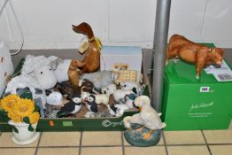 ONE BOX OF ANIMAL AND BIRD ORNAMENTS, to include a modern boxed John Beswick Highland Cow (broken