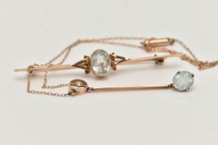 AN EARLY 20TH CENTURY AQUAMARINE BROOCH AND NECKLACE, a bar brooch centrally set with an oval cut