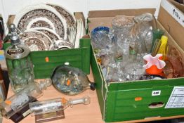 TWO BOXES AND LOOSE ASSORTED GLASSWARES AND CERAMICS, to include a vintage Job Wragg soda syphon,