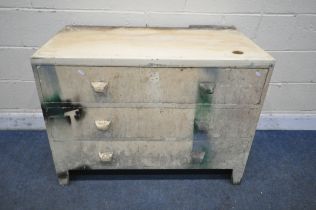 A DISTRESSED PAINTED PINE CHEST OF THREE LONG DRAWERS, width 103cm x depth 54cm x height 78cm (