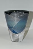 AN IAN BAMFORTH STUDIO GLASS VASE, cylindrical tapering form, with cased blue, silver and black