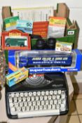 A BOX AND LOOSE TYPEWRITER, DIECAST VEHICLES AND SUNDRY ITEMS, to include an Olympia Splendid 66