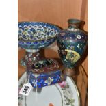 THREE PIECES OF ORIENTAL CLOISONNE, comprising a trinket box with a hinged lid, blue decoration