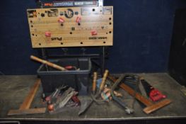 A BOX OF WOODWORKING TOOLS AND A WORKMATE including a Rapier 400 wood plane, two similar planes Made