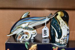 TWO BOXED ROYAL CROWN DERBY 21st ANNIVERSARY PAPERWEIGHTS, comprising a striped Dolphin with gold