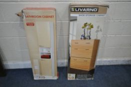 A BOXED TALL BATHROOM CABINET, and a boxed Livarno shoe cabinet (condition report: both opened so
