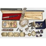 A BOX OF ASSORTED ITEMS, to include a boxed 'Sheaffer' gold plated ball point pen and pencil set,