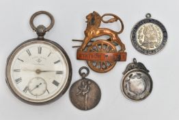 ASSORTED MEDALS AND AN OPEN FACE POCKET WATCH, a silver medal with shield design detail,