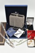 AN ASSORTMENT OF JEWELLERY AND A HANDBAG, to include a boxed 'Swarovski' 'Louise' collar style