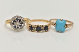 THREE GEM SET RINGS, to include a yellow metal, sapphire and diamond ring, scrolling gallery,