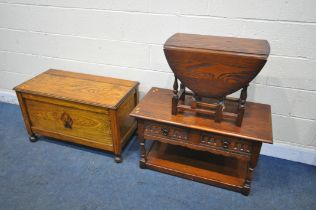 A SELECTION OF OAK OCCASIONAL FURNITURE, to include a 20th century blanket chest, width 92cm x depth