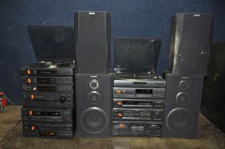 TWO SONY MIDI HI-FI'S AND SPEAKERS comprising of a XO-D501 (CD and tape not working), a LBT-D259 (