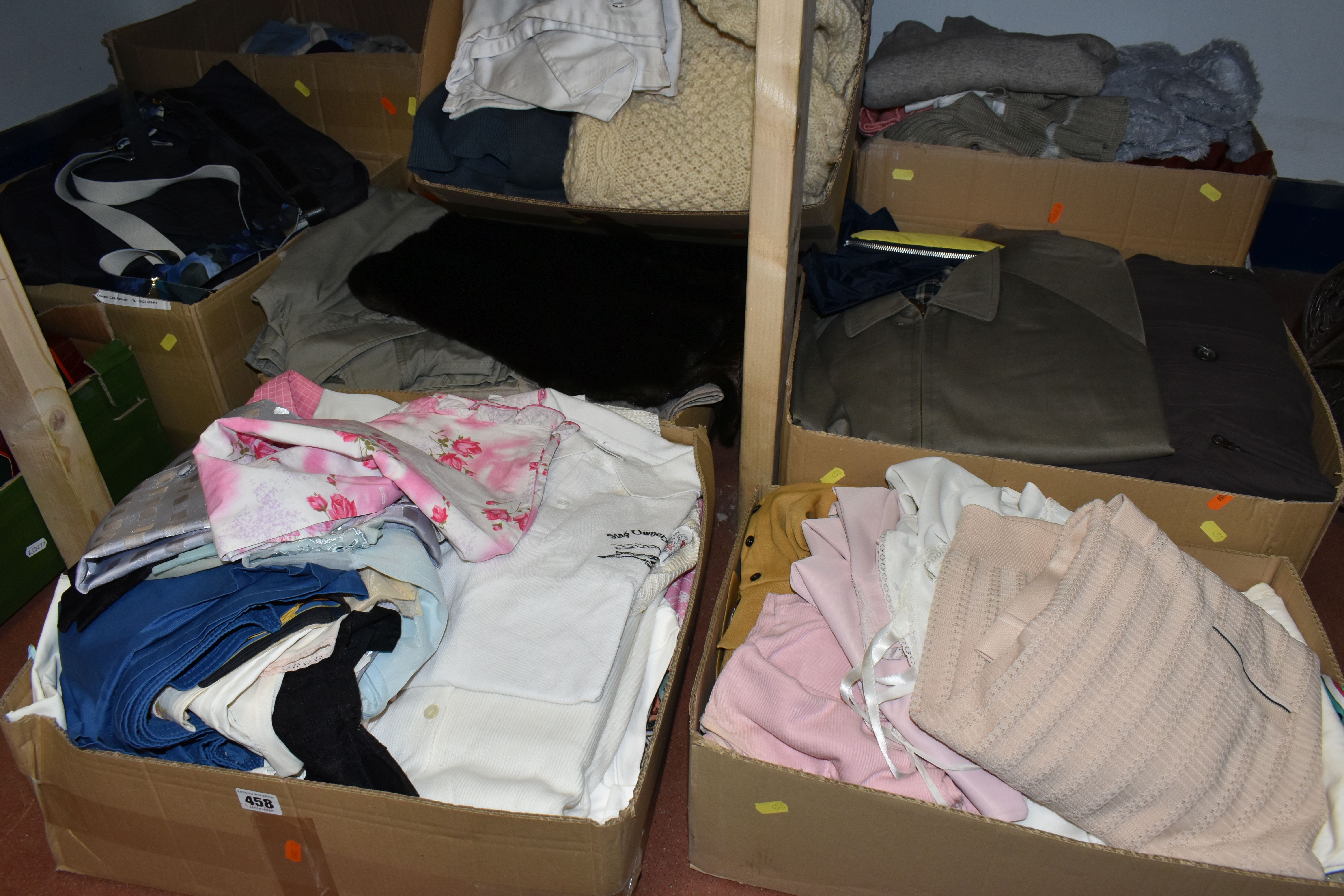 TEN BOXES OF CLOTHING, men's and ladies' clothes to include knitwear, coats, t-shirts, and trousers,