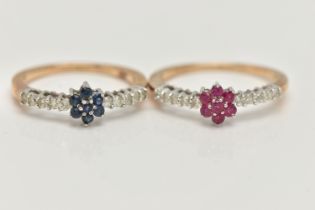 TWO 9CT GOLD GEM SET RINGS, both designed with a line of brilliant cut diamonds, the first with a