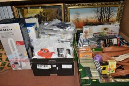 FOUR BOXES AND LOOSE HAMPER, AS NEW GOODS, PICTURES, AND SUNDRY ITEMS, to include a quantity of as