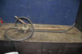 A VINTAGE OIL DRUM PUMP with hand crank, 87cm inlet pipe length (untested so seal integrity not
