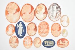 AN ASSORTMENT OF CAMEOS, to include fourteen shell cameos and two 'Wedgewood' cameos, (condition