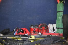 A COLLECTION OF SKIING EQUIPMENT including Head and Blizzard skis, three pairs of boots by Lange,
