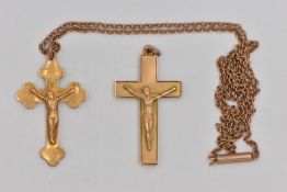 TWO CRUCIFIX PENDANTS AND A CHAIN, both pendants stamped 9ct, both fitted with jump rings, length