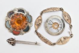 AN ASSORTMENT OF SCOTTISH JEWELLERY, to include a silver brooch, set with a large circular cut