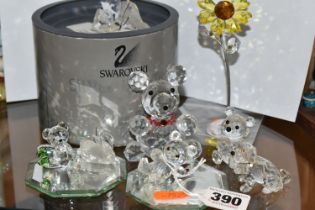 SWAROVSKI CRYSTAL ANIMALS ETC, comprising three teddy bears, a dog with spirit barrel and a swan,