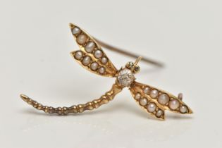 A YELLOW METAL DIAMOND AND PEARL BROOCH, in the form of a dragonfly, set with a central round