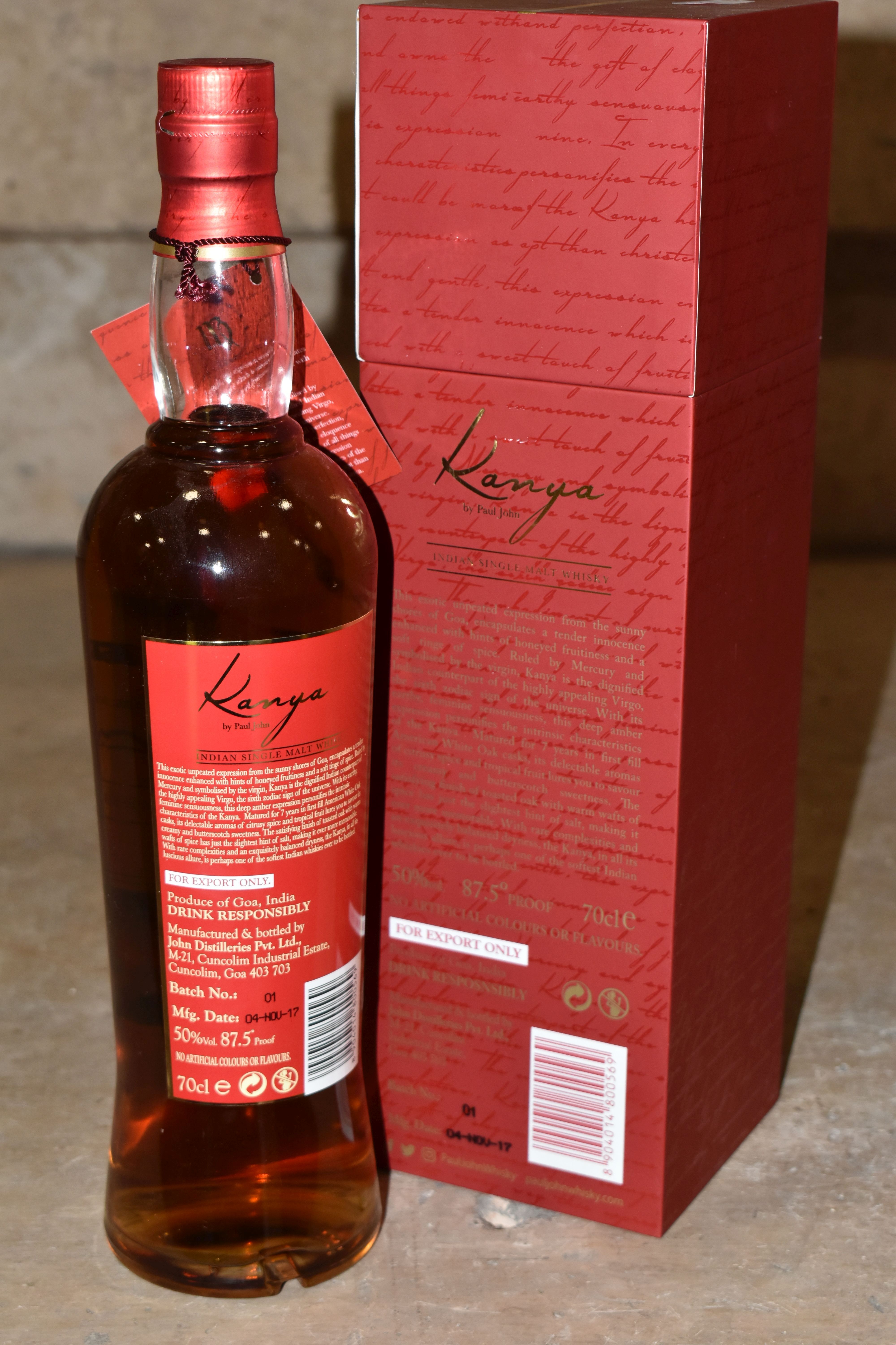 ONE BOTTLE OF RARE SINGLE MALT, KANYA by Paul John, Indian Single Malt Whisky, matured for 7 years - Image 3 of 6