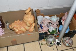 TWO BOXES OF CERAMICS, to include a set of five Wade NatWest Piggies, all have original stoppers,