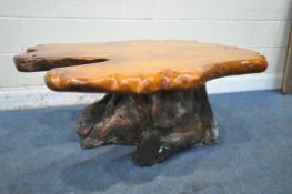 A HEAVY SOLID RUSTIC LIVE EDGE COFFEE TABLE, with a root base, length 118cm x depth 82cm x height