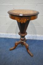 A VICTORIAN WALNUT AND INLAID TRUMPET WORK TABLE, with a chess board style top, an octagonal