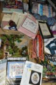 FOUR BOXES OF HABERDASHERY AND NEEDLEWORK ITEMS, including two boxes of wool, a small quantity of