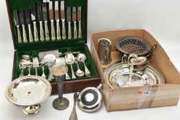 A CANTEEN AND WHITE METAL WARE, to include a 'Butler of Sheffield' wooden canteen complete with a