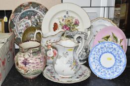 A GROUP OF 19TH AND 20TH CENTURY JUGS, PLATES AND CHARGERS, comprising a Sunderland lustre jug