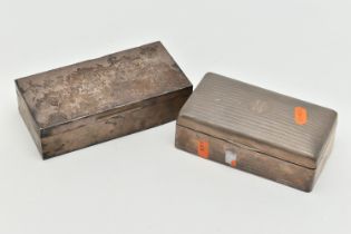 TWO SILVER CIGARETTE BOXES, the first with an engine turned pattern, engraved monogram and