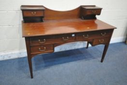 AN EDWARDIAN MAHOGANY AND INLAID KNEEHOLE DESK, the raised back with two drawers, the base fitted