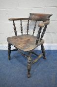 A 19TH CENTURY ELM AND BEECH BOW TOP CAPTAINS CHAIR, with spindled supports, turned legs and