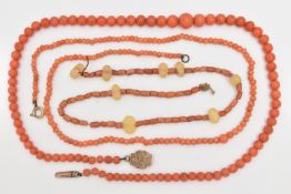 THREE CORAL BEAD NECKLACES, the first an early 20th century graduated coral bead necklace to the