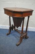 A LATE VICTORIAN OCTAGONAL MAHOGANY WORK TABLE, the pull out section with three small