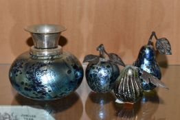 A GROUP OF IRIDESCENT GLASS PAPERWEIGHTS AND A SQUAT BUD VASE, (possibly John Ditchfield) the vase