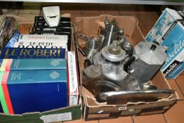 TWO BOXES AND LOOSE SCALES, PRINT, METALWARE, BOOKS AND SUNDRY ITEMS, to include a set of W & T